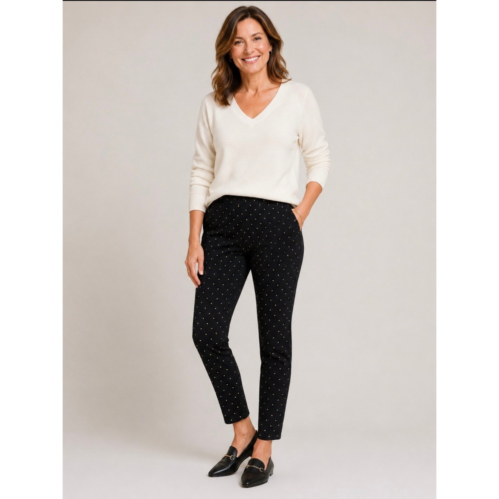 Chicos Womens Black Gold Polka Dot Ankle Pants Pull On Stretch Size 1 Medium
